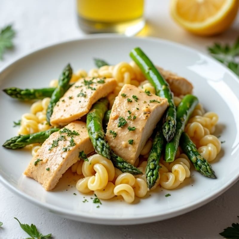 Creamy Lemon Garlic Chicken Pasta with Roasted Asparagus