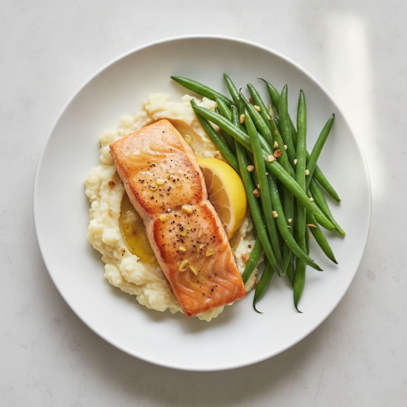 Seared Salmon Fillet with Steamed Green Beans and Garlic Mashed Cauliflower