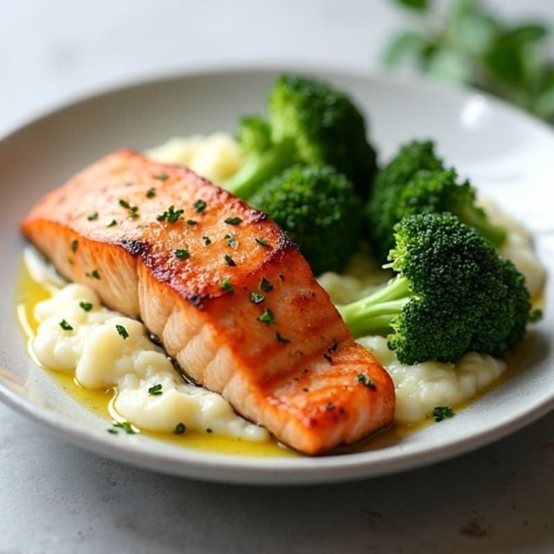 Seared Salmon Fillet with Steamed Broccoli and Garlic Cauliflower Mash