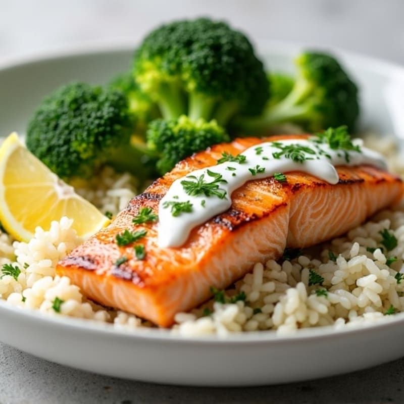Seared Salmon with Steamed Broccoli and Herb Rice