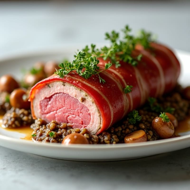 Prosciutto-Wrapped Beef Tenderloin with Earthy Mushroom Duxelles