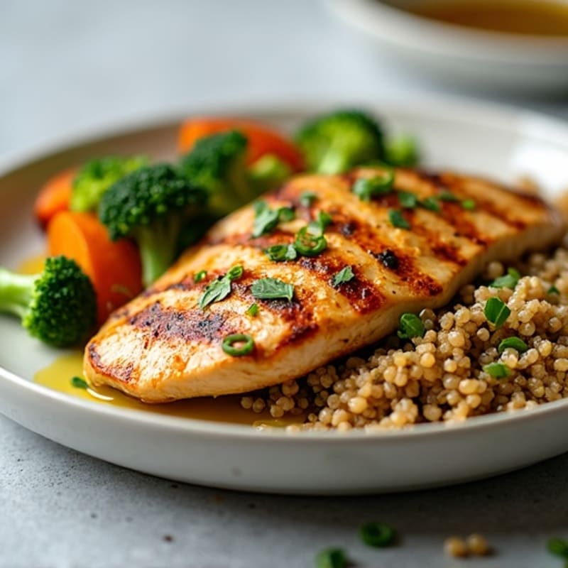 Grilled Chicken Breast with Roasted Sweet Potato, Steamed Broccoli & Quinoa Drizzle