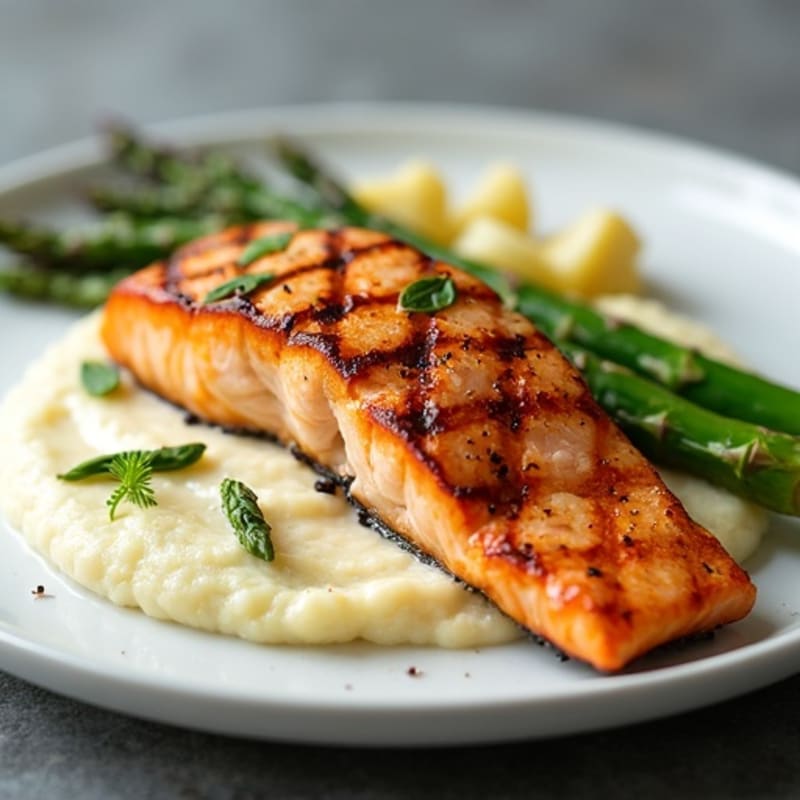 Grilled Salmon Fillet with Roasted Asparagus and Cauliflower Mash