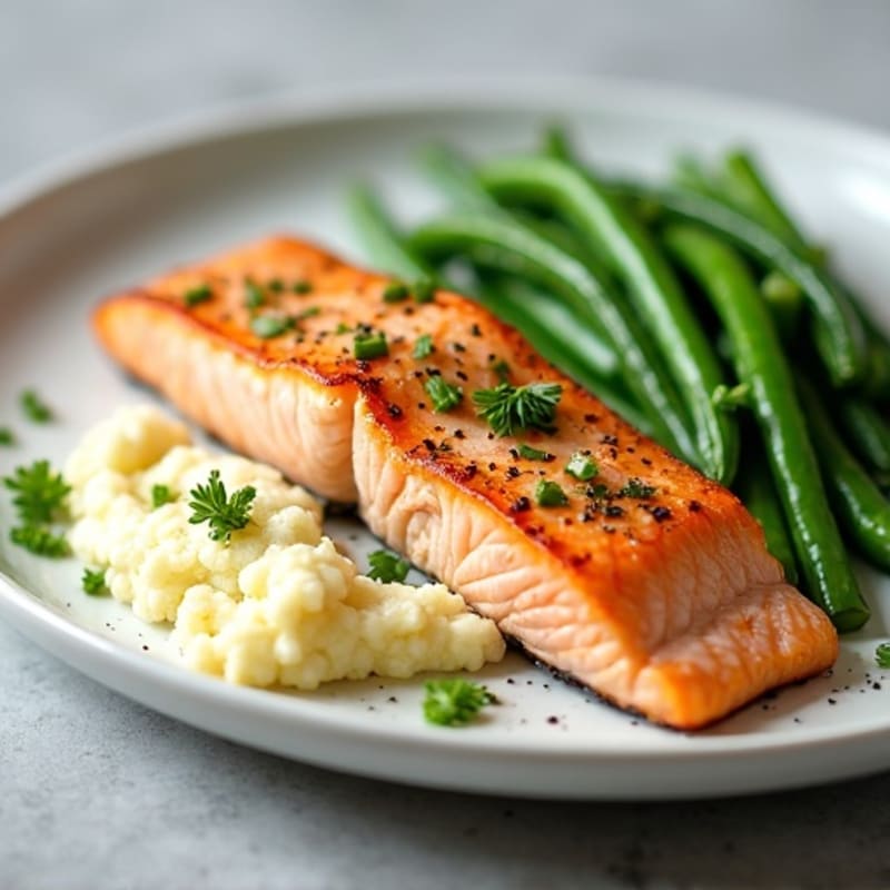 Seared Salmon Filet with Steamed Green Beans and Garlic Mashed Cauliflower