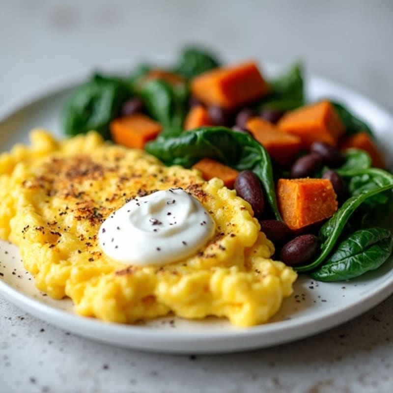 Creamy Scrambled Eggs with Roasted Sweet Potatoes and Sautéed Greens