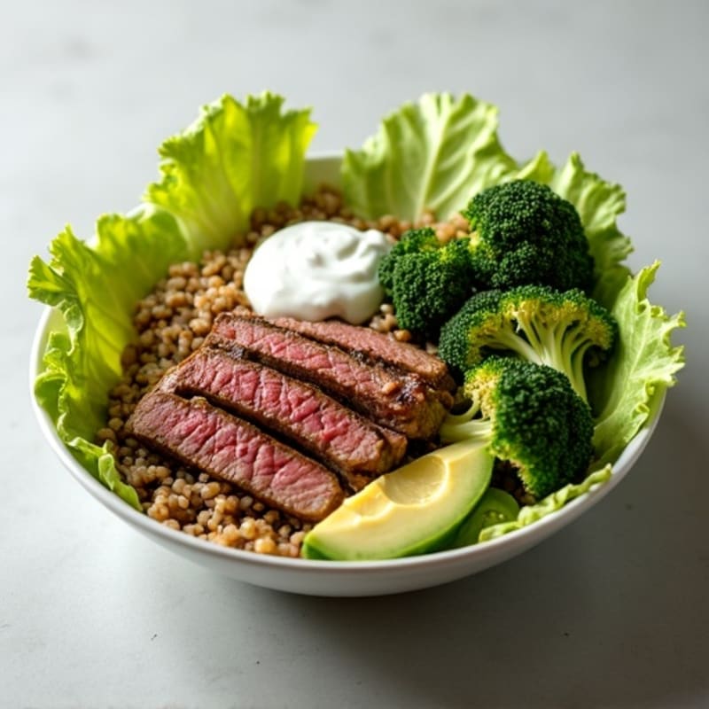 Grilled Steak and Lettuce Bowl with Roasted Broccoli and Brown Rice