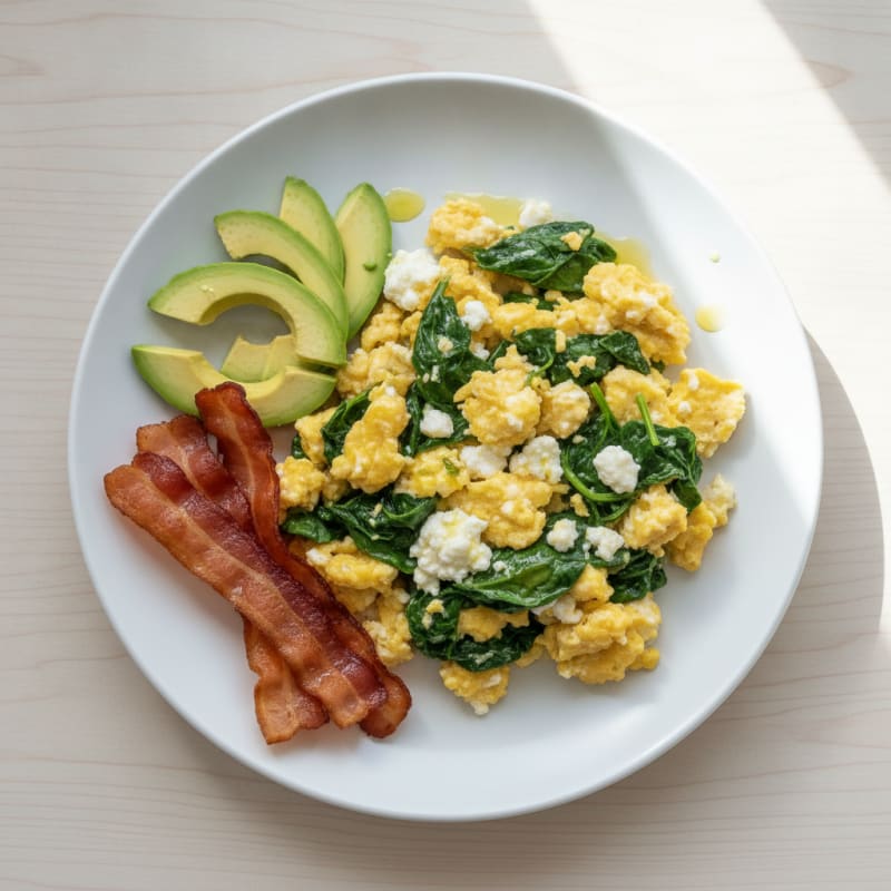 Cottage Cheese Egg Scramble with Spinach and Turkey Bacon