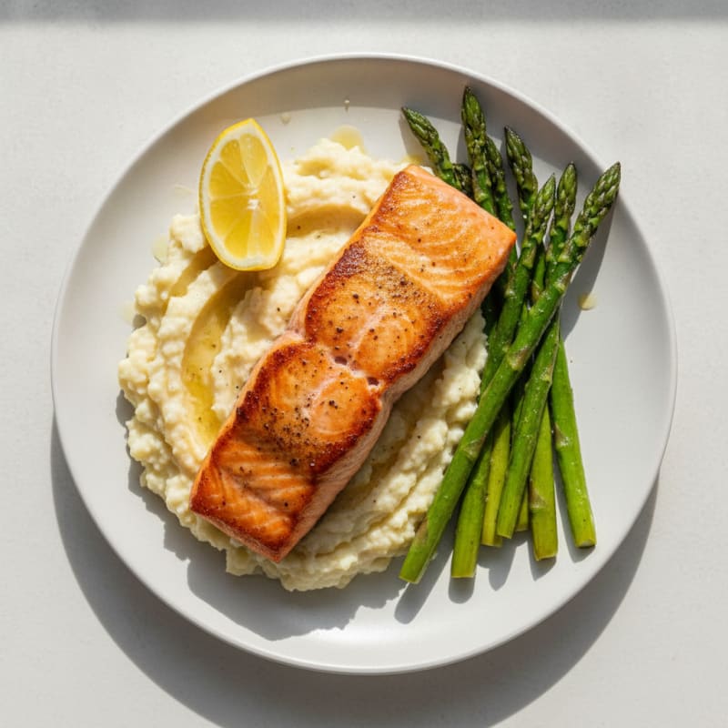 Seared Salmon Fillet with Roasted Asparagus and Cauliflower Mash