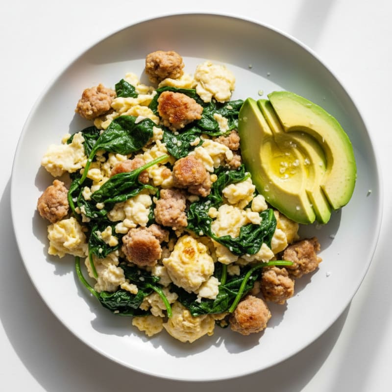 Scrambled Egg Whites with Turkey Sausage and Sautéed Spinach