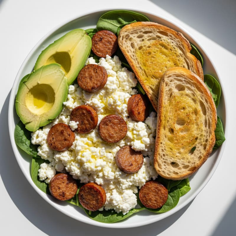 Egg White Scramble with Cottage Cheese and Sautéed Turkey Sausage
