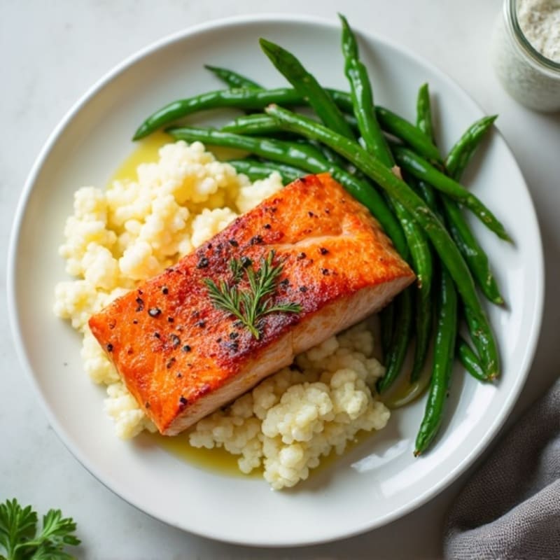 Seared Salmon with Steamed Green Beans and Mashed Cauliflower