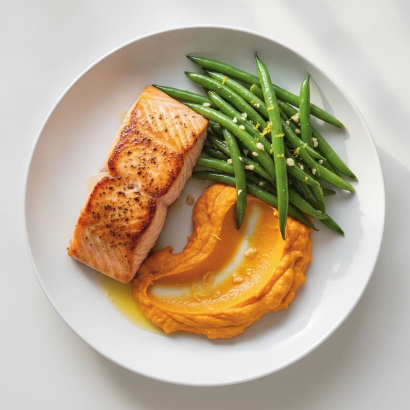 Seared Salmon with Garlic Green Beans and Sweet Potato Mash