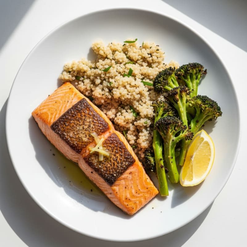 Seared Salmon Fillet with Roasted Broccoli and Quinoa