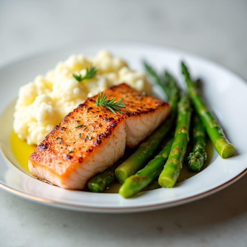 Seared Salmon with Steamed Asparagus and Mashed Cauliflower