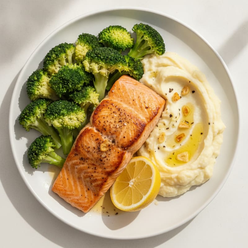 Seared Salmon with Steamed Broccoli and Garlic Mashed Cauliflower