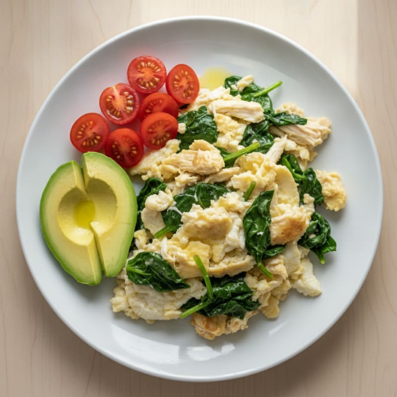 Chicken Egg White Scramble with Spinach and Cherry Tomatoes