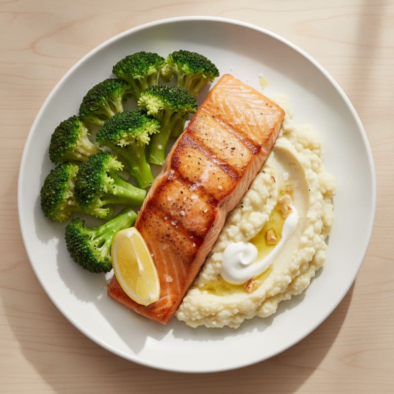 Seared Salmon Fillet with Steamed Broccoli and Garlic Cauliflower Mash