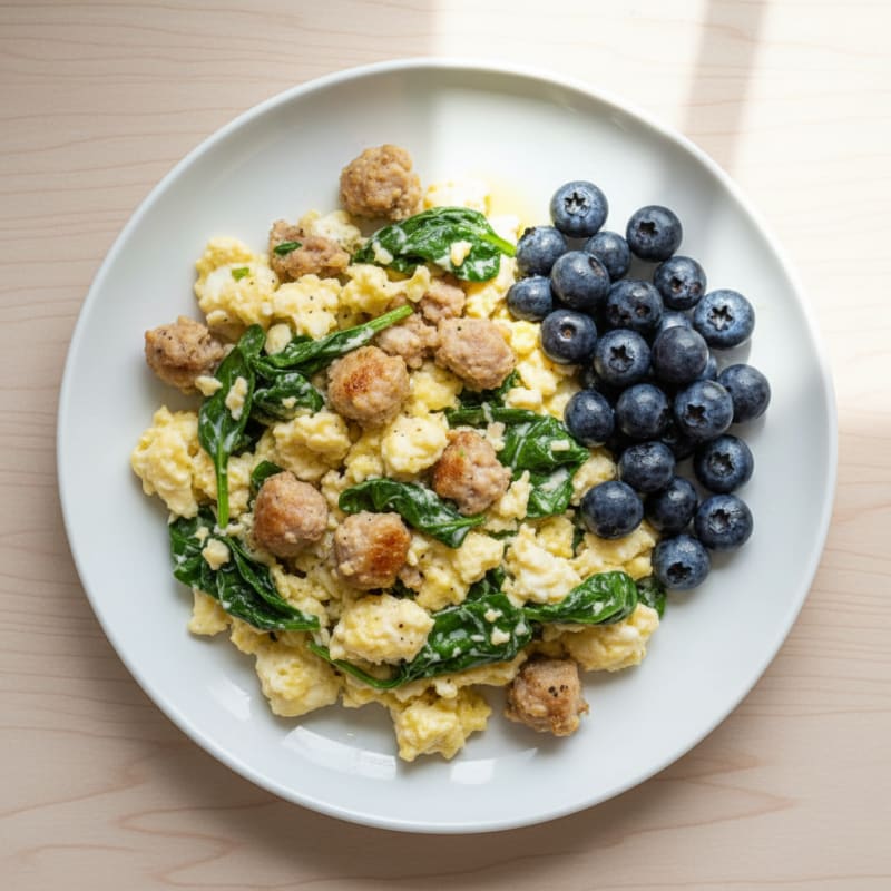Scrambled Egg Whites with Turkey Sausage and Sautéed Spinach