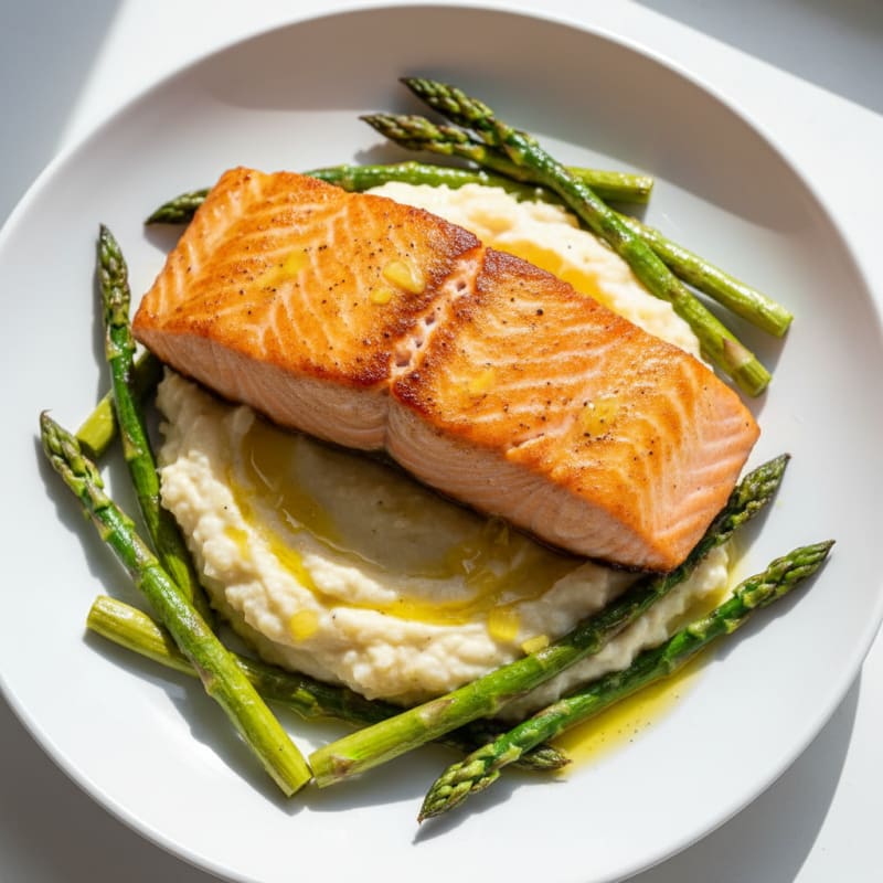 Seared Salmon Fillet with Roasted Asparagus and Cauliflower Mash