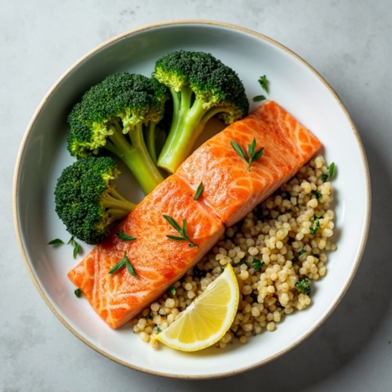 Seared Salmon with Roasted Broccoli and Garlic Quinoa