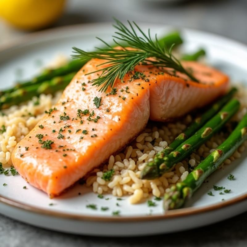 Lemon-Herb Roasted Flaky Salmon with Fluffy Brown Rice and Roasted Asparagus