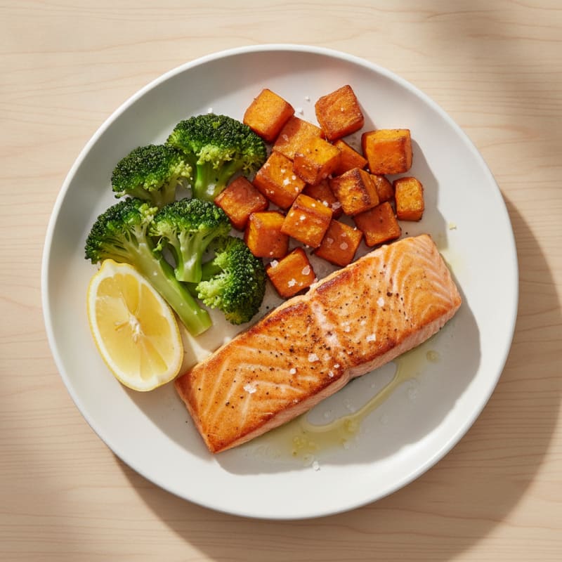 Seared Salmon with Roasted Sweet Potato and Steamed Broccoli