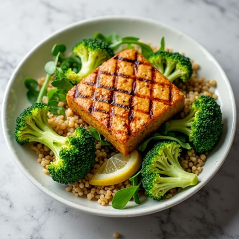 Grilled Tempeh Salad with Crunchy Broccoli and Quinoa