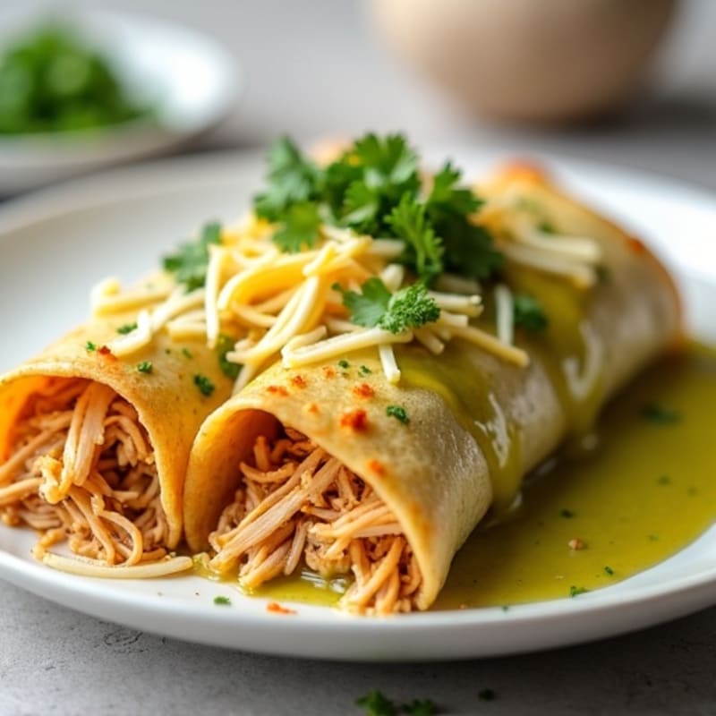Baked Shredded Chicken Enchiladas with Zesty Green Chili Sauce