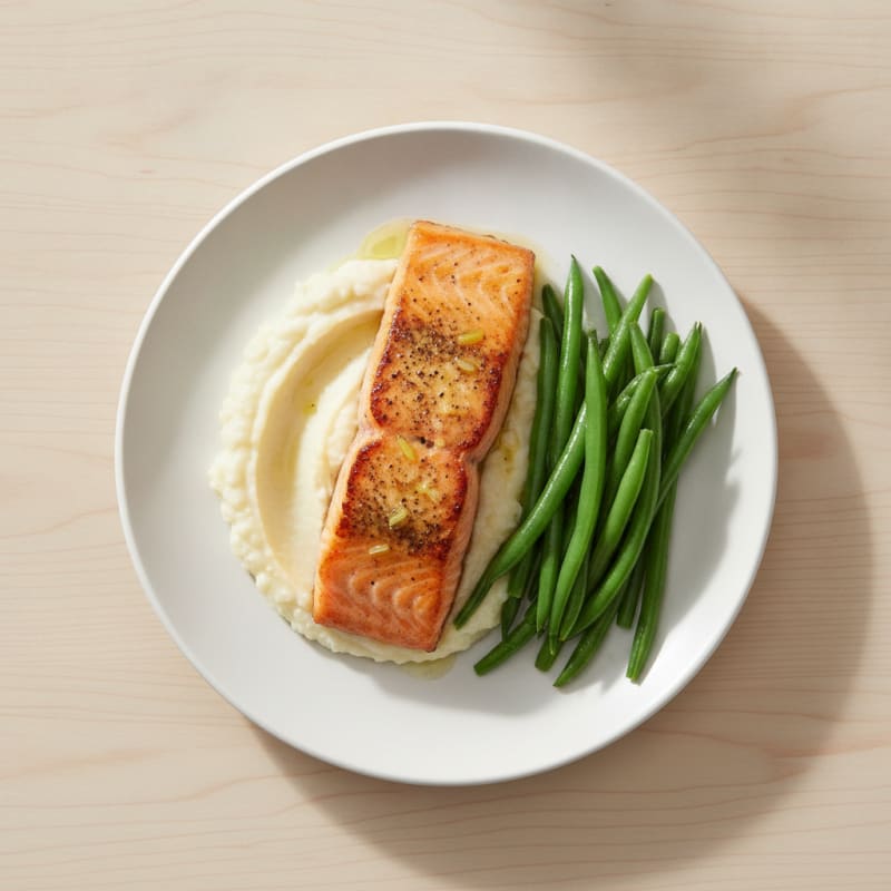 Seared Salmon Fillet with Steamed Green Beans and Cauliflower Mash