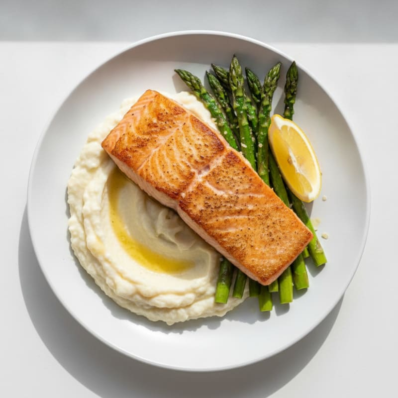 Seared Salmon with Roasted Asparagus and Cauliflower Mash