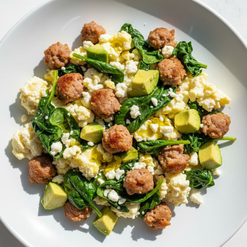 Egg White and Turkey Sausage Scramble with Spinach and Feta