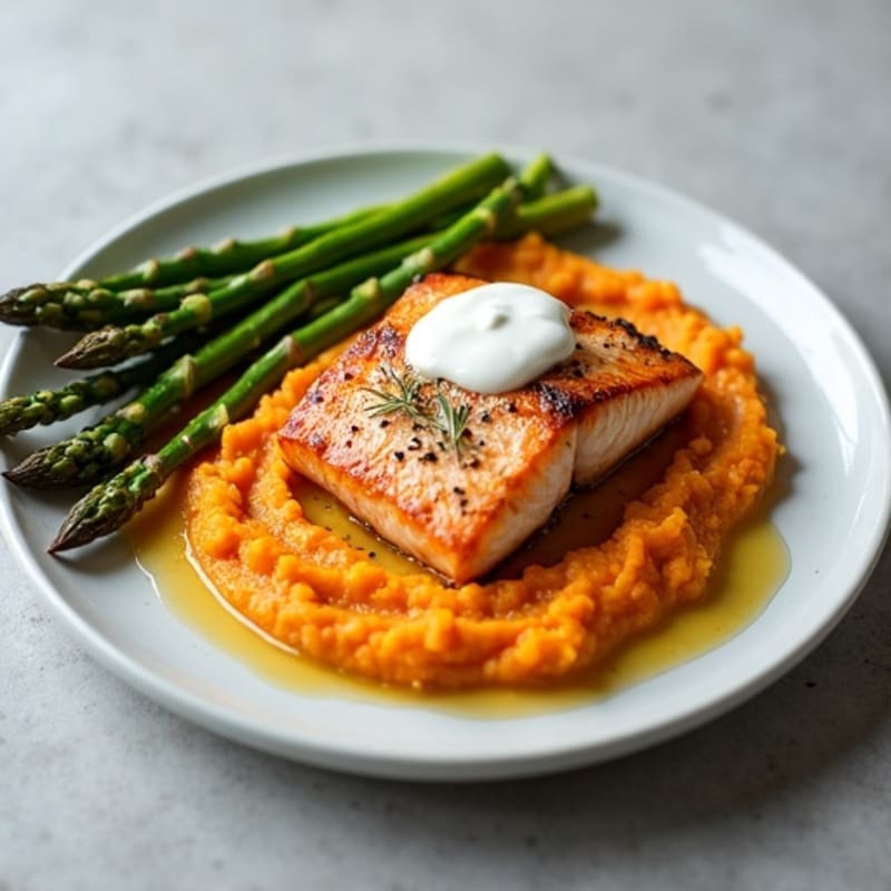 Seared Salmon Fillet with Roasted Asparagus and Sweet Potato Mash