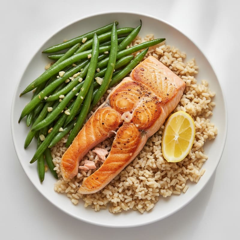 Seared Salmon with Garlic Green Beans and Brown Rice