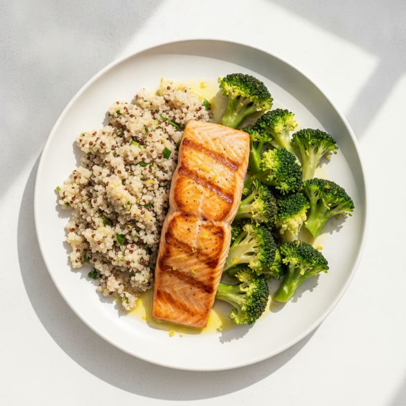Seared Salmon with Steamed Broccoli and Quinoa