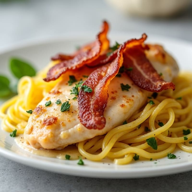 Creamy Garlic Parmesan Chicken with Crispy Turkey Bacon and Spaghetti Squash