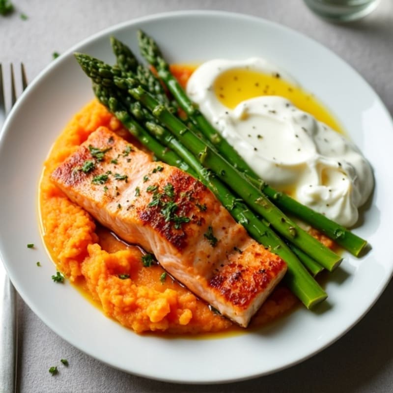 Seared Salmon Fillet with Steamed Asparagus and Sweet Potato Mash