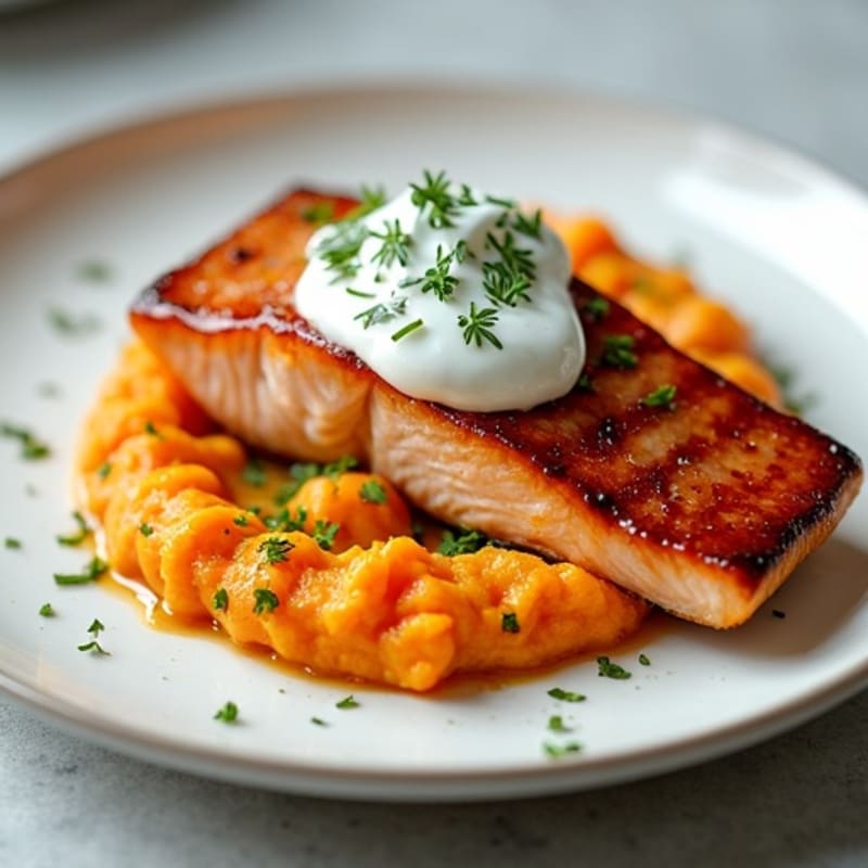 Salted Maple Glazed Salmon with Roasted Sweet Potato Mash and Tangy Yogurt Dill Sauce
