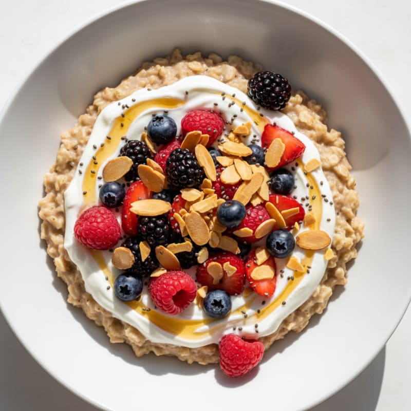 Creamy Greek Yoghurt Oats with Mixed Berries and Sliced Almonds