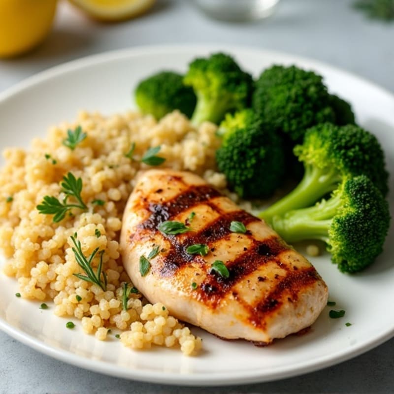 Grilled Lemon Herb Chicken Breast with Quinoa and Steamed Broccoli