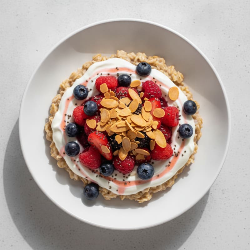 Creamy Greek Yogurt Protein Oats with Mixed Berries and Almonds