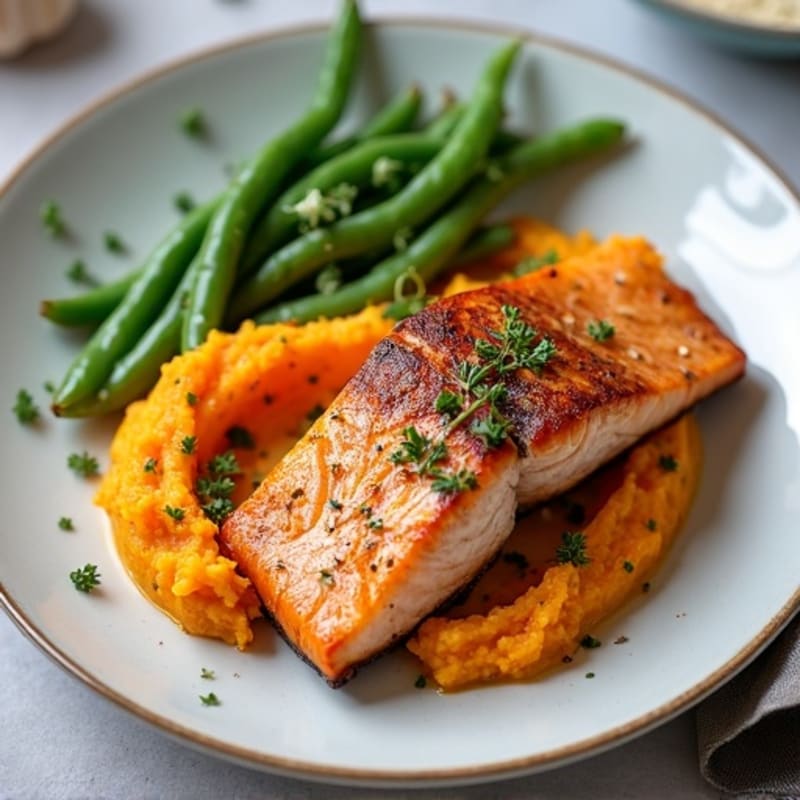 Seared Salmon with Garlic Green Beans and Sweet Potato Mash
