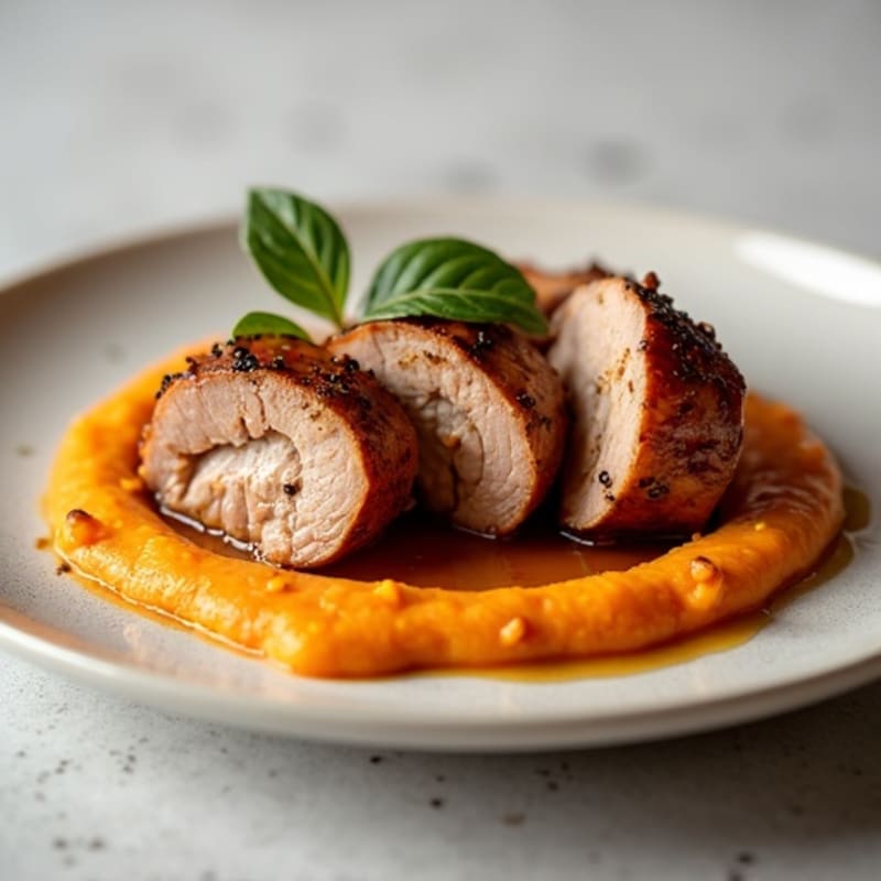 Sticky Maple-Glazed Pork Tenderloin with Creamy Cinnamon Sweet Potato Puree