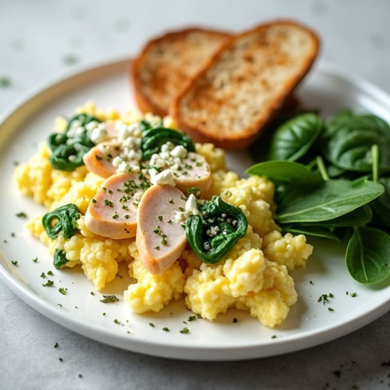 Egg White Spinach Scramble with Cottage Cheese and Sliced Turkey