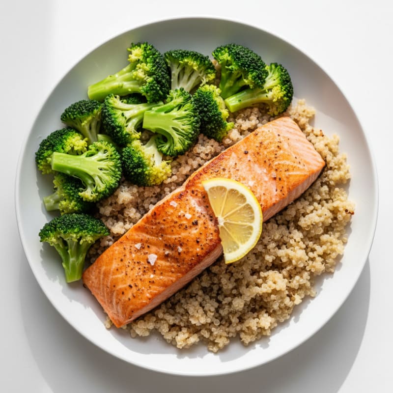 Seared Salmon with Steamed Broccoli and Quinoa