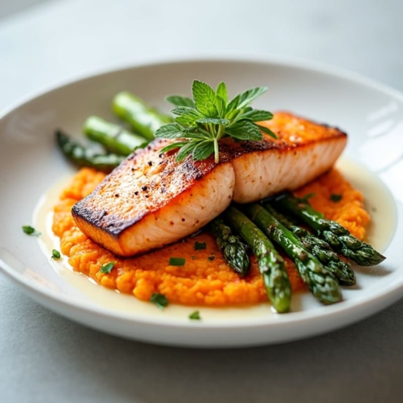 Seared Salmon with Roasted Asparagus and Sweet Potato Mash