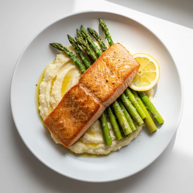 Seared Salmon Fillet with Roasted Asparagus and Cauliflower Mash