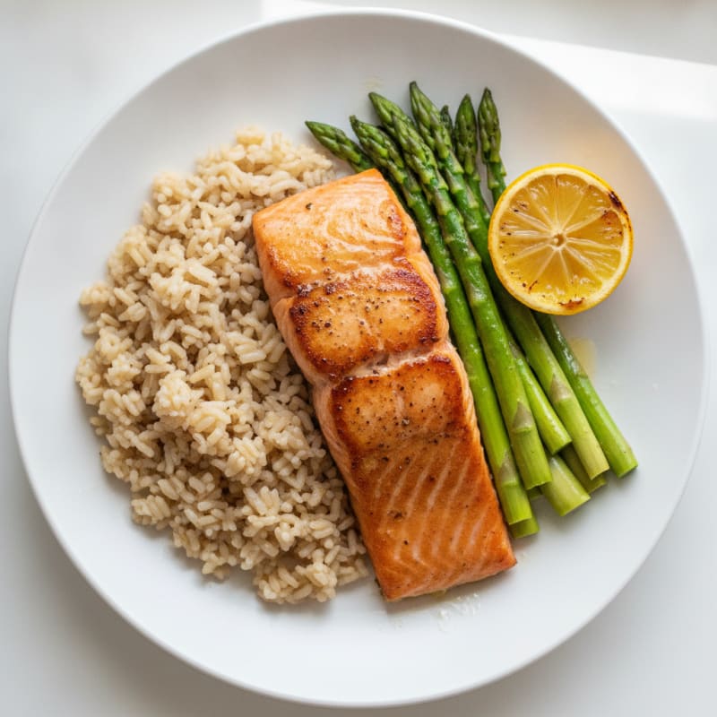 Seared Salmon with Steamed Asparagus and Brown Rice