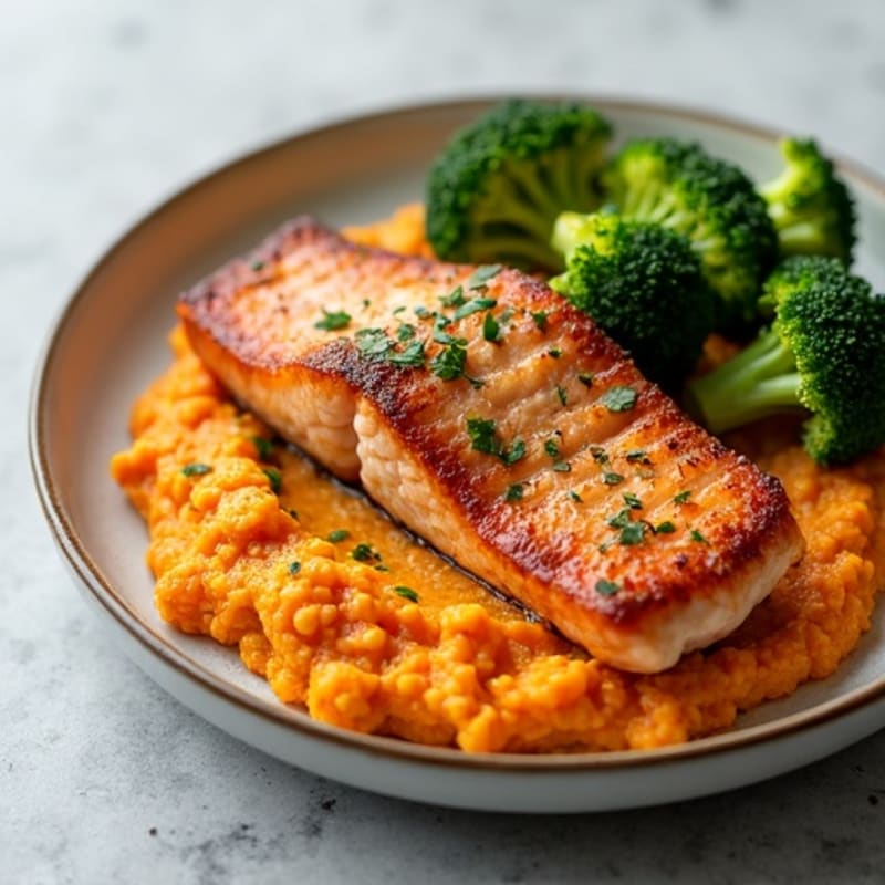 Crispy Pan-Seared Salmon with Roasted Broccoli and Creamy Sweet Potato Mash