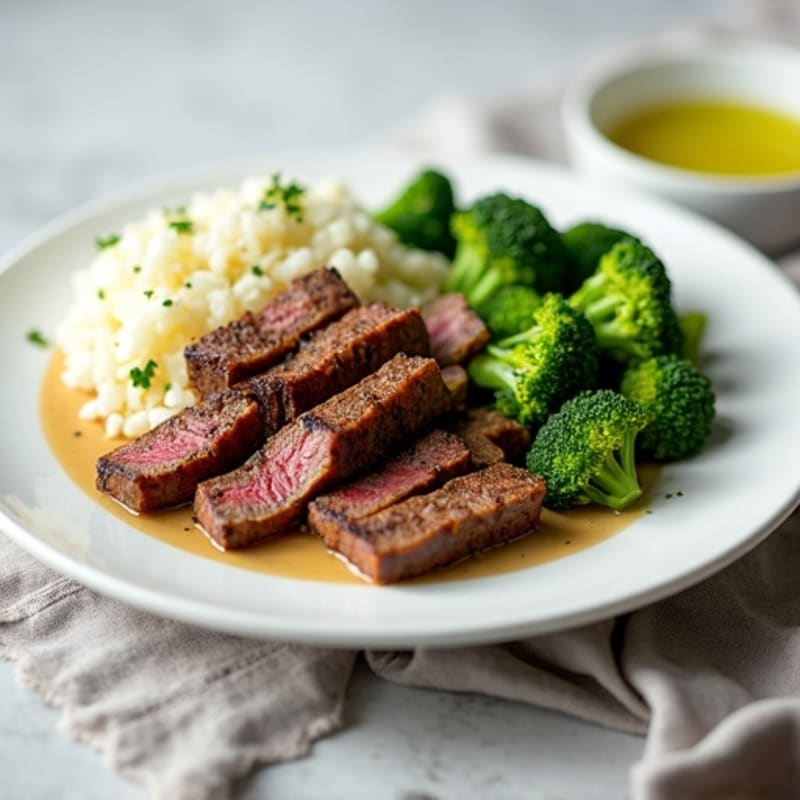 Seared Lean Beef Strips with Steamed Broccoli and Cauliflower Rice