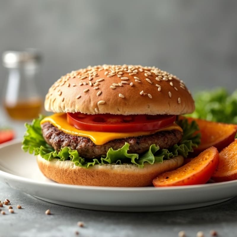 Lean Beef Burger with Crispy Roasted Sweet Potato Wedges